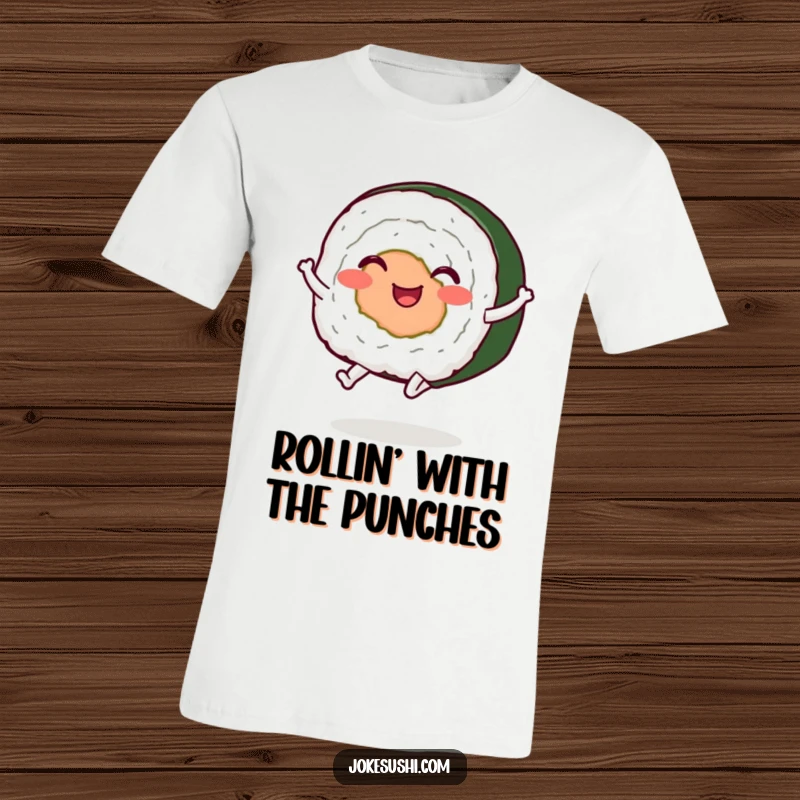 Funny jumping sushi roll t-shirt, a lively character with legs in motion, conveying pure unadulterated fun.