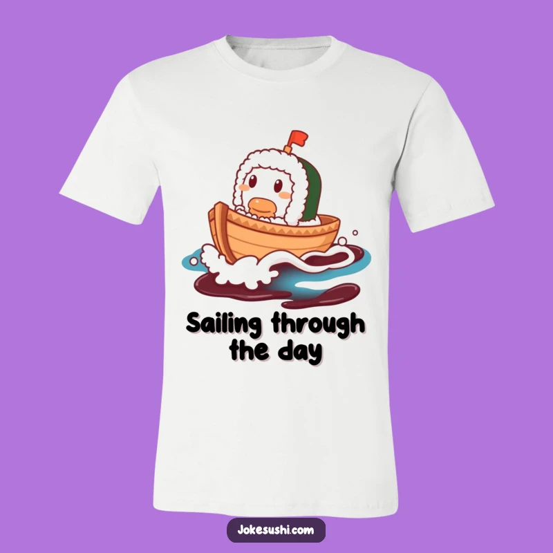 Funny Sushi Boat T-Shirt: Contented Character Rides a Soy Sauce Wave, Hilarious Gift!