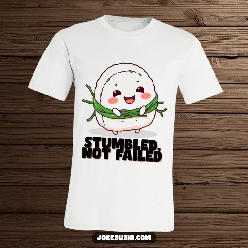 Funny T-Shirt: Smiling onigiri character hilariously tripping over its own seaweed belt, a cute and humorous design.