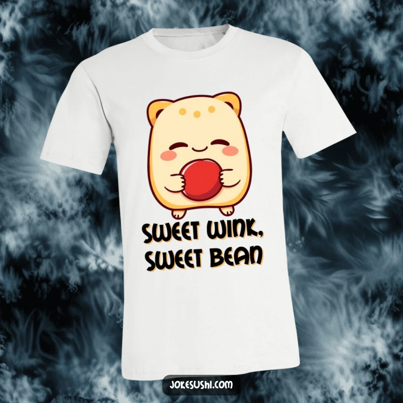 Funny t-shirt with a cheerful taiyaki character winking knowingly while holding a red bean, embodying playful charm and sweet humor.