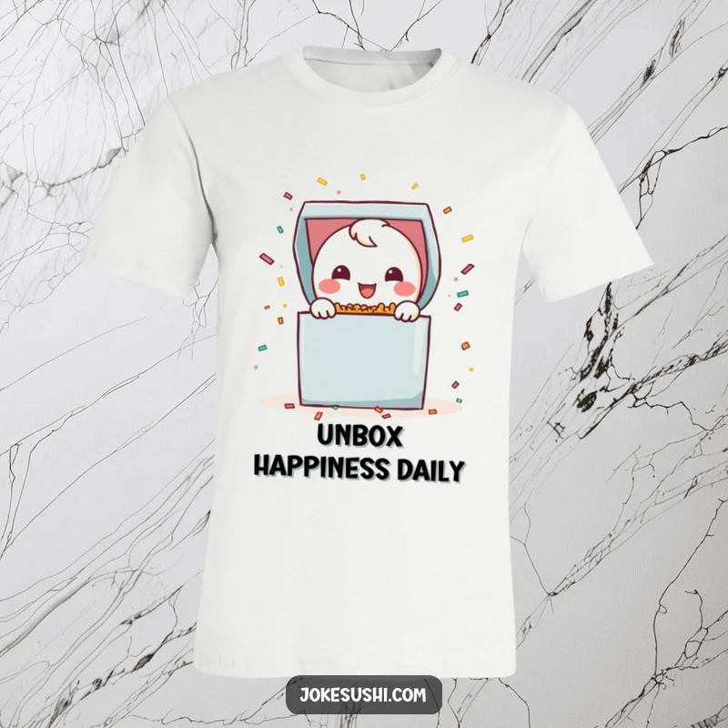 Funny bento box t-shirt featuring a smiling character happily popping open with a shower of colorful confetti, perfect for celebrations.