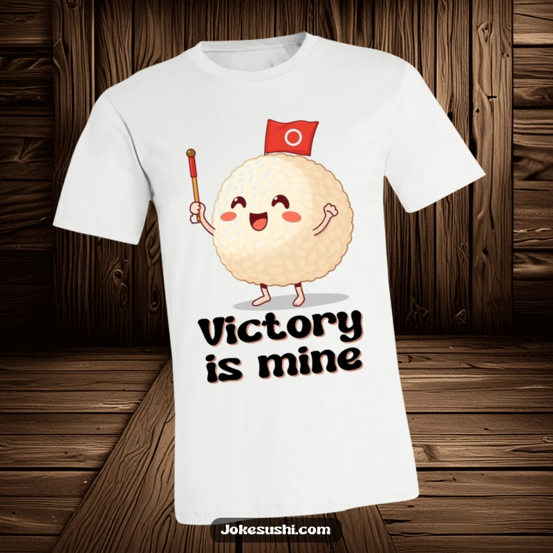 Funny T-Shirt: A happy rice ball character excitedly waves a small flag, a symbol of fun and celebration.