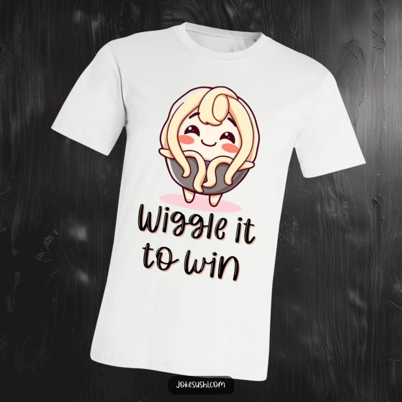 Funny t-shirt with a delighted udon noodle character in mid-wiggle, expressing absolute glee and infectious happiness through cartoon art.