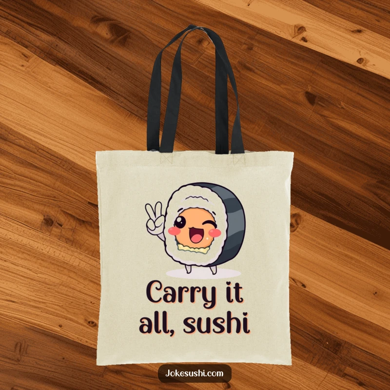 Funny sushi roll character giving a peace sign, printed on a durable tote bag, great for humorous shopping.