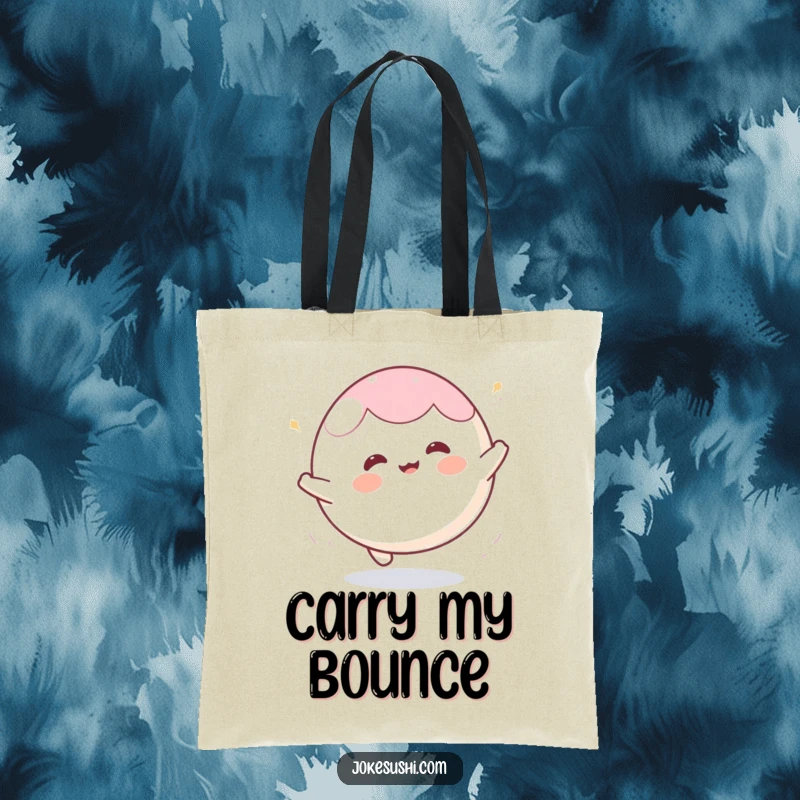 Funny mochi tote bag featuring a happy character bouncing enthusiastically like a ball, a delightful and practical accessory.