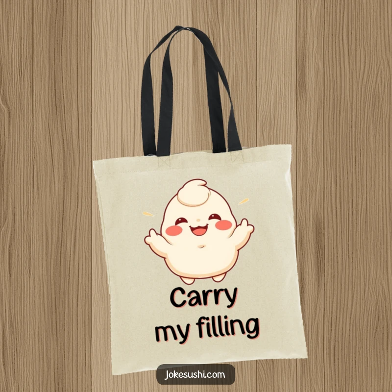 Funny tote bag featuring a grinning dumpling character enthusiastically gesturing its sides, ideal for shoppers.