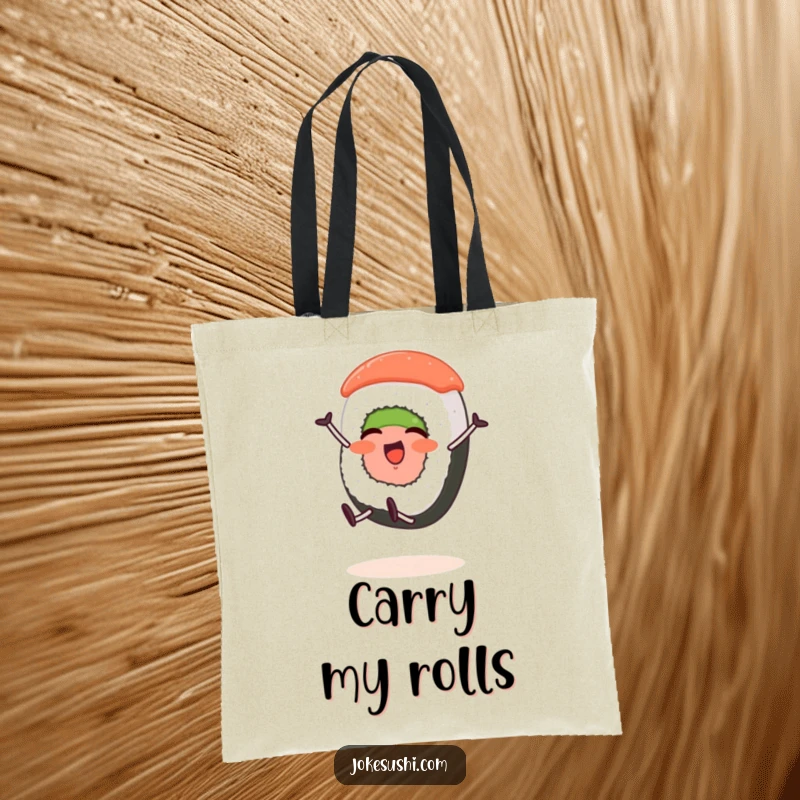 Funny tote bag with a sushi roll character with short legs joyfully doing a cartwheel, ready for any outing.