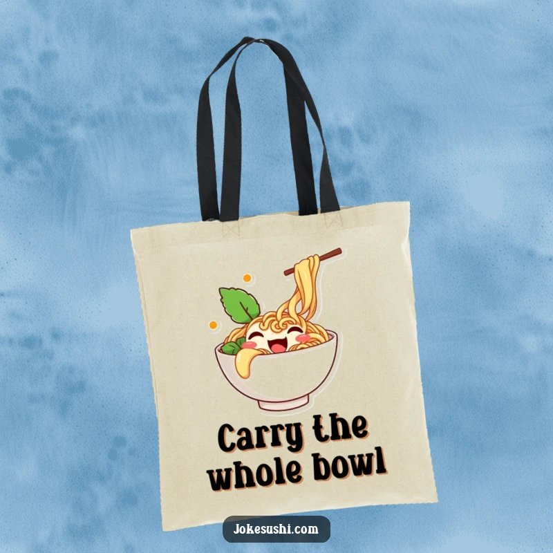 Funny tote bag with a happy ramen bowl character overflowing with noodles and wiggling with playful energy.