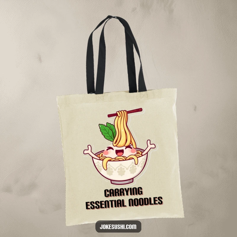Funny tote bag illustrating a winking ramen bowl character with noodles waving like arms, perfect for stylishly carrying items with a touch of noodle-themed comedy.