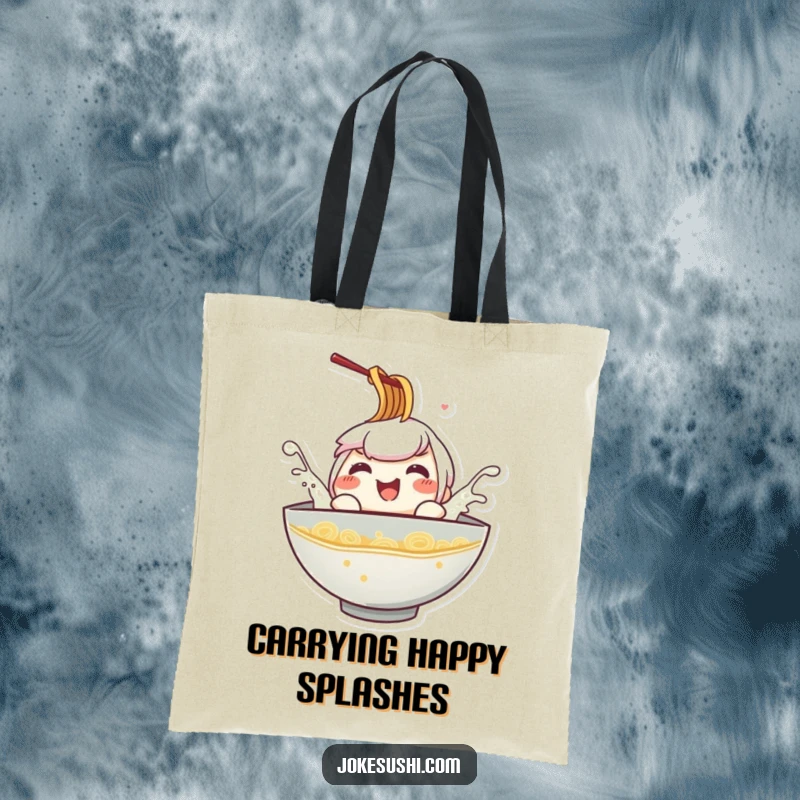 Funny ramen bowl tote bag, a character splashing playfully in broth, ideal for carrying essentials with humor.