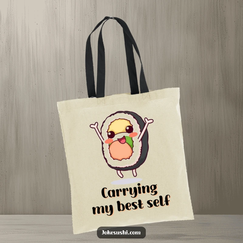 Funny Tote Bag: A sushi roll with arms and legs doing a cheerful somersault, a fun and practical funny gift.