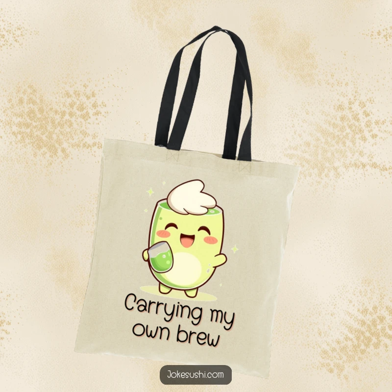 Funny tote bag featuring a grinning matcha green tea character cheerfully pouring tea, ideal for carrying essentials with humor.