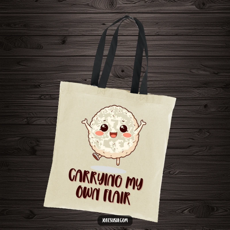 Funny tote bag depicting a happy rice ball character executing a cartwheel, perfect for carrying groceries with a side of comedic delight.