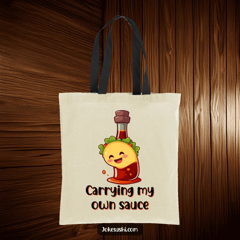 Funny tote bag featuring a happy taco character smiling as it slides down a soy sauce bottle, a humorous food-themed accessory.