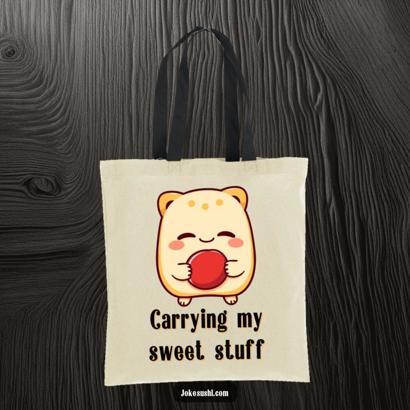 Funny tote bag showing a cheerful taiyaki character winking while holding a red bean, perfect for carrying essentials with a sweet, humorous touch.