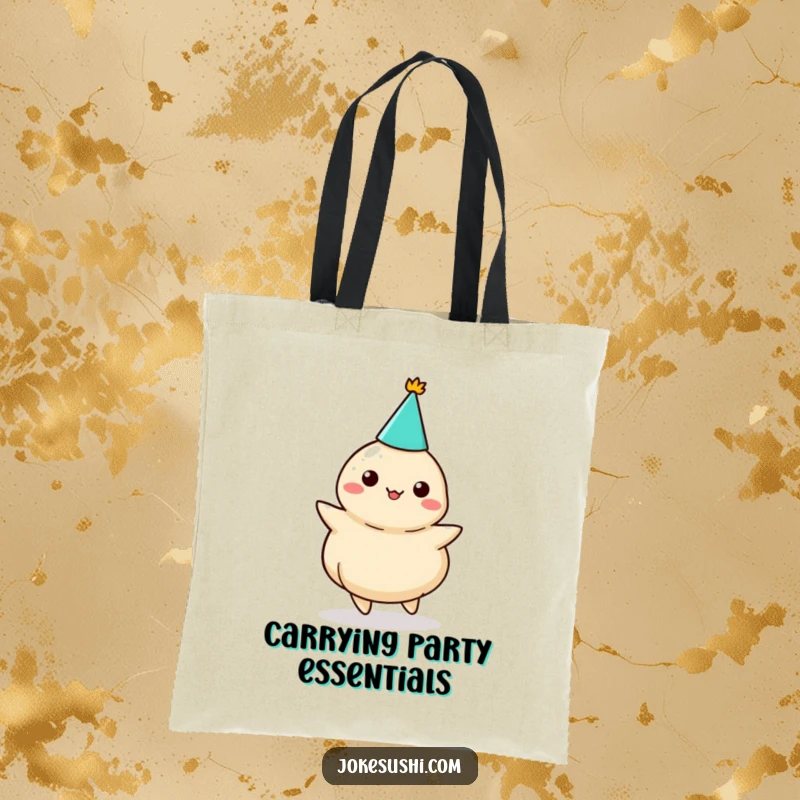 Funny dumpling party tote bag, a character in a party hat dancing with glee, perfect for carrying items festively.