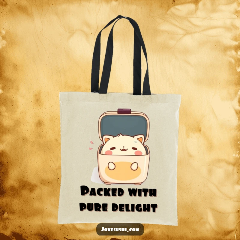 Funny Tote Bag featuring an open-mouthed bento box character with a look of surprised delight, great for groceries.
