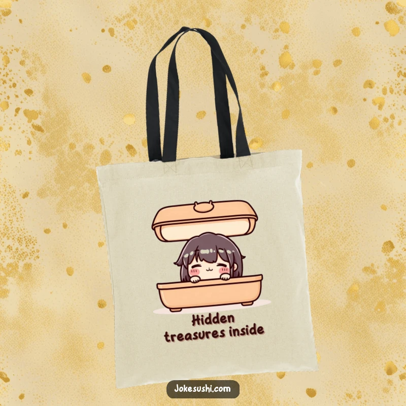 Funny tote bag featuring a blushing bento box character shyly peeking out from under its lid, great for shopping.