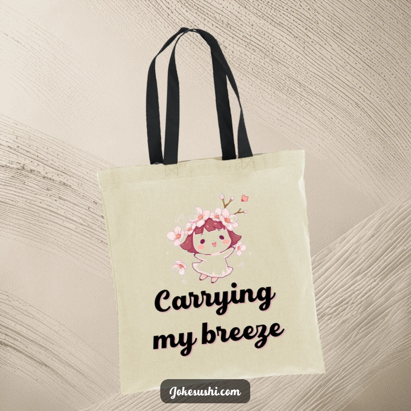 Funny cherry blossom tote bag featuring a character happily floating on a gentle breeze, a practical accessory embodying lightheartedness.