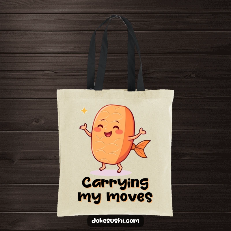 Funny salmon nigiri tote bag depicting a smiling sushi piece with small feet engaged in a festive dance, ideal for shopping.