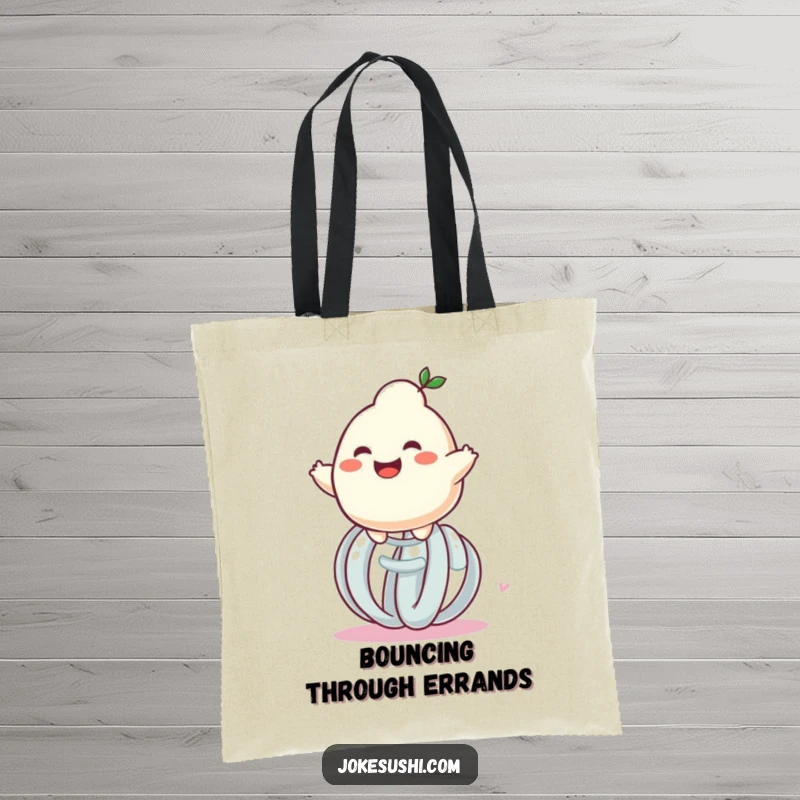 Funny grinning dumpling character bouncing on a giant spring, a sturdy and hilarious tote bag for all your needs.