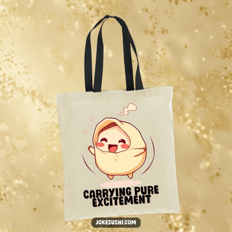 Funny tote bag featuring a giggling gyoza character spinning with steam, ideal for shopping trips.