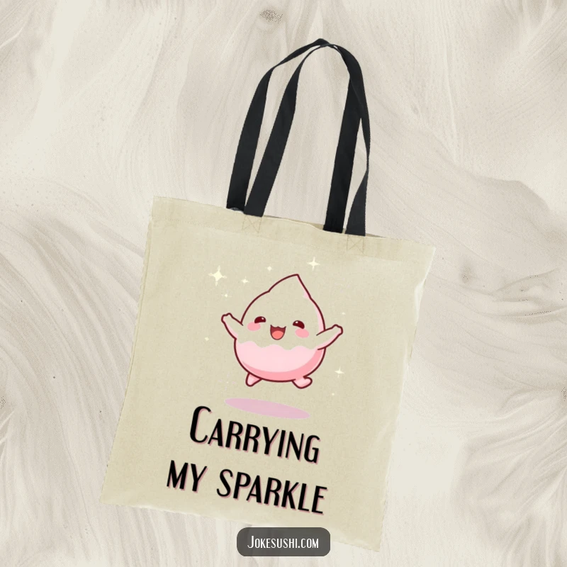 Funny tote bag showing a playful mochi character bouncing gleefully with a trail of sparkling dust, perfect for carrying fun.