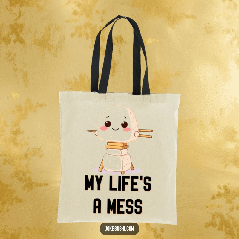 Funny tote bag featuring a grinning onigiri character struggling to balance on a tower of chopsticks, expressing a comical food challenge.