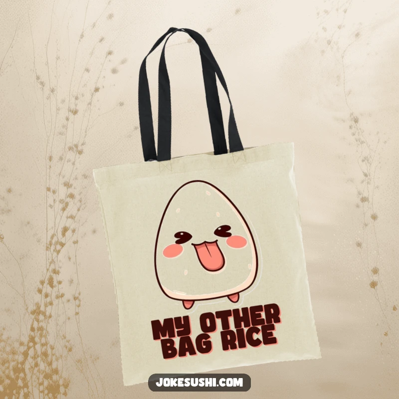 Funny onigiri tote bag showcasing a mischievous character playfully sticking its tongue out, a practical and amusing accessory for daily errands.