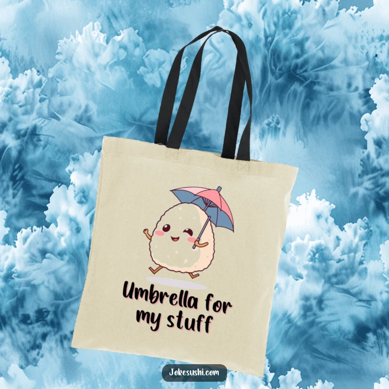 Funny tote bag showcasing a joyful onigiri rice ball character hopping along, holding a miniature umbrella, perfect for shopping.