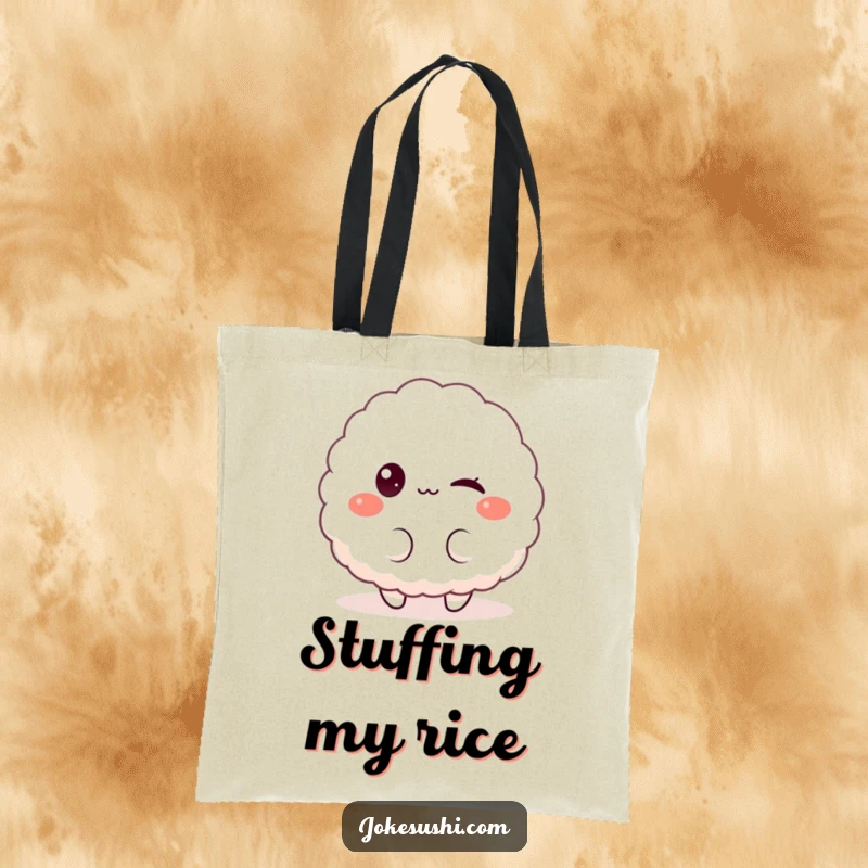 Funny tote bag featuring a fluffy rice ball character winking playfully at the viewer, ideal for carrying groceries with a smile.