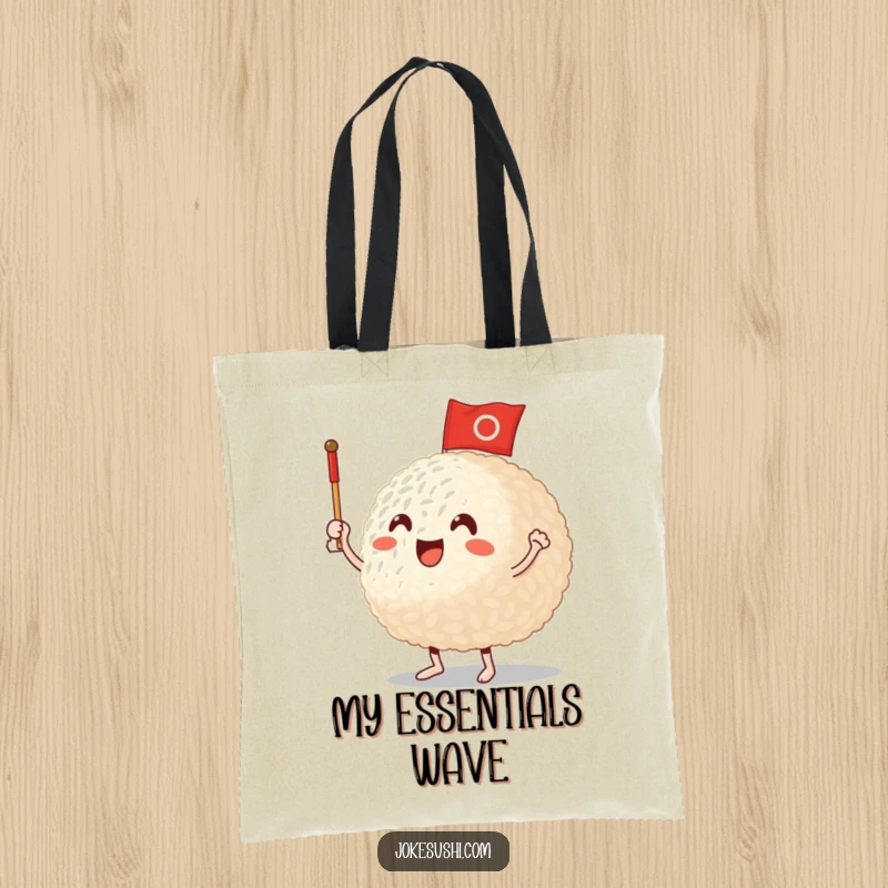 Funny Tote Bag: An anthropomorphic rice ball character excitedly waves a small flag, a cute and functional funny gift.