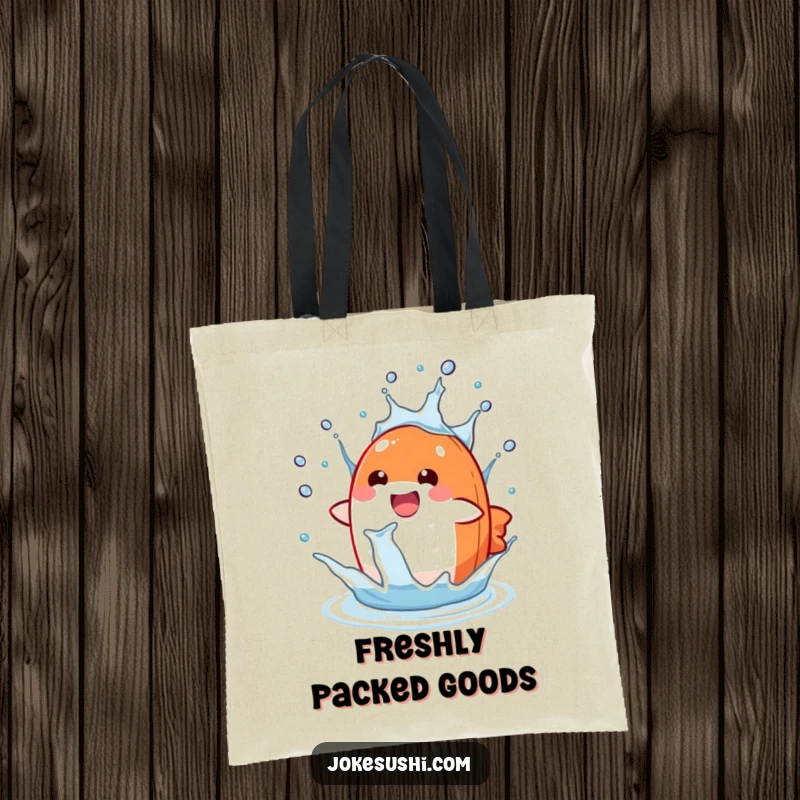 Funny salmon nigiri tote bag with a delighted character splashing in a water drop, a humorous and practical gift.