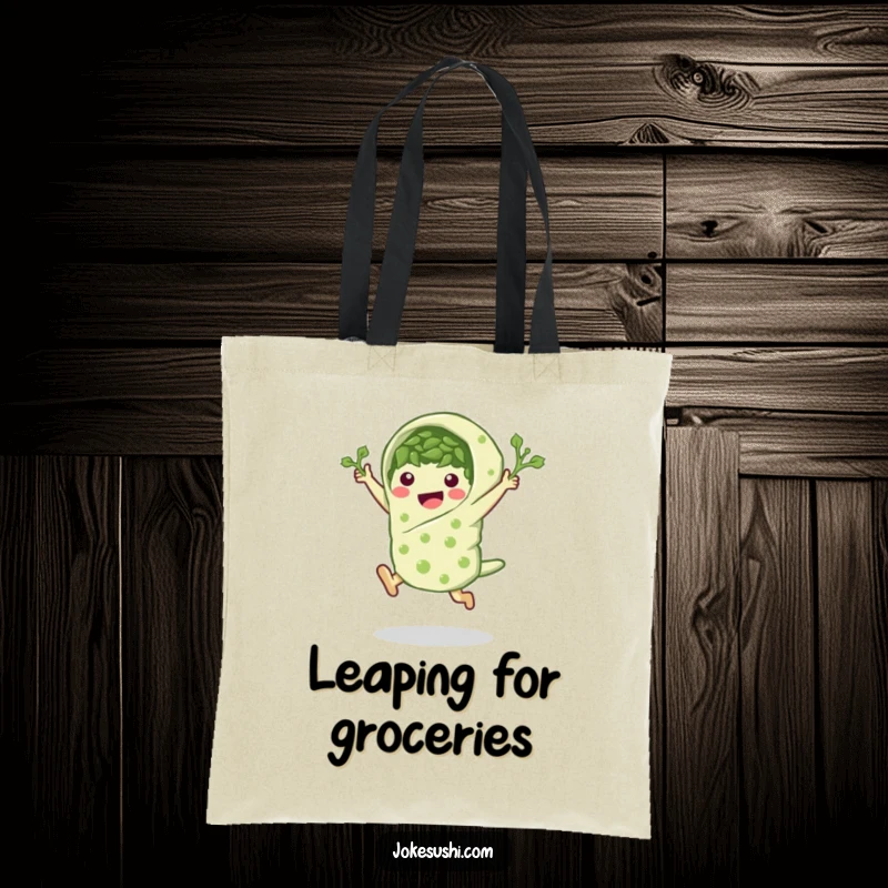 Funny seaweed wrap tote bag with a peppy character in a leaping pose, a humorous and practical gift.