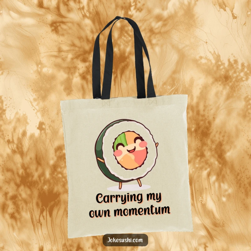 Funny Sushi Roll Tote Bag: A smiling sushi roll with tiny legs performs a cartwheel, making this a humorous and practical carryall.