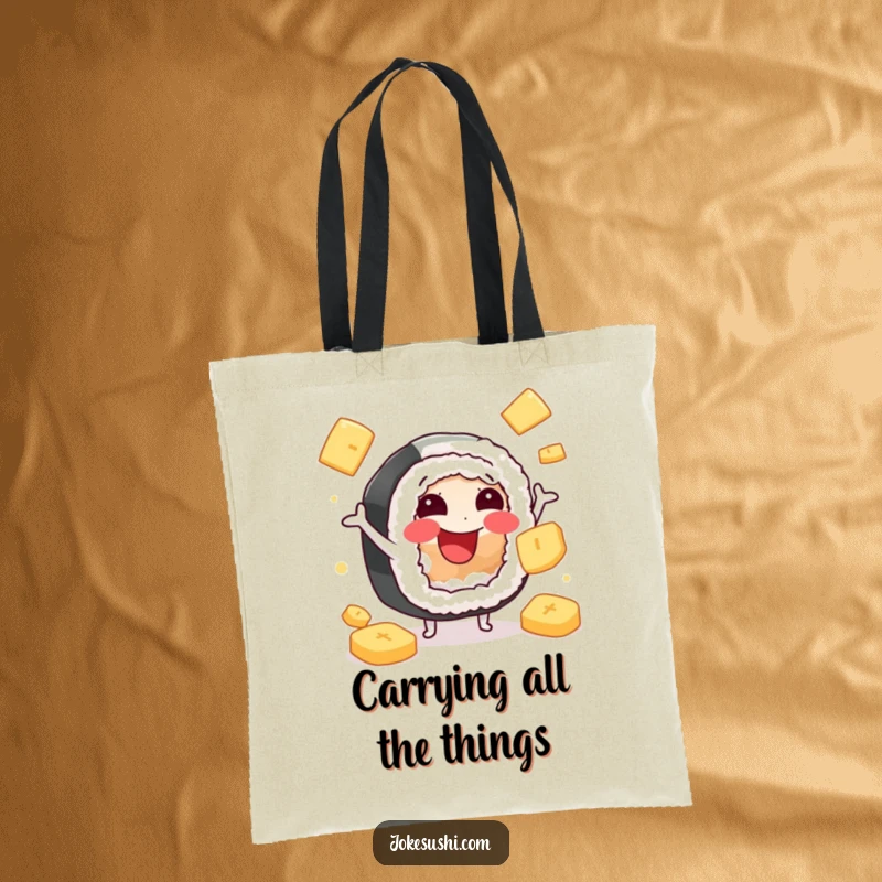 Funny tote bag with a cheerful sushi roll character juggling pickled ginger, perfect for carrying groceries or essentials with humor.
