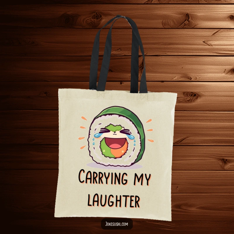 Funny tote bag with a sushi roll character laughing heartily, tears streaming from its eyes, perfect for shopping trips.