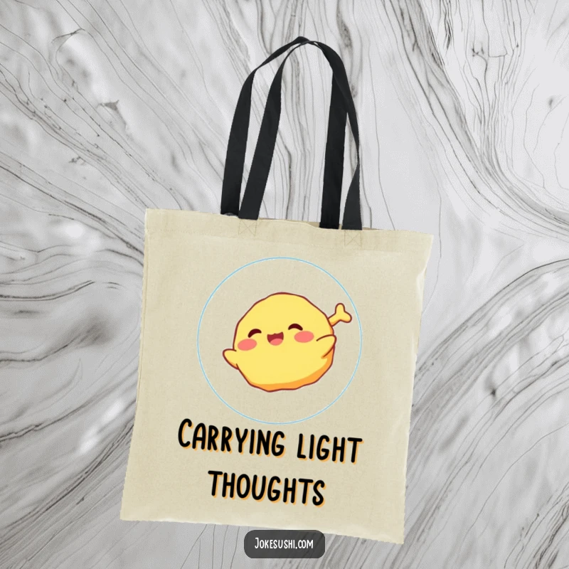 Funny Tote Bag showcasing a giggling tempura character joyfully floating on a bubble, ideal for stylish, humorous carrying.