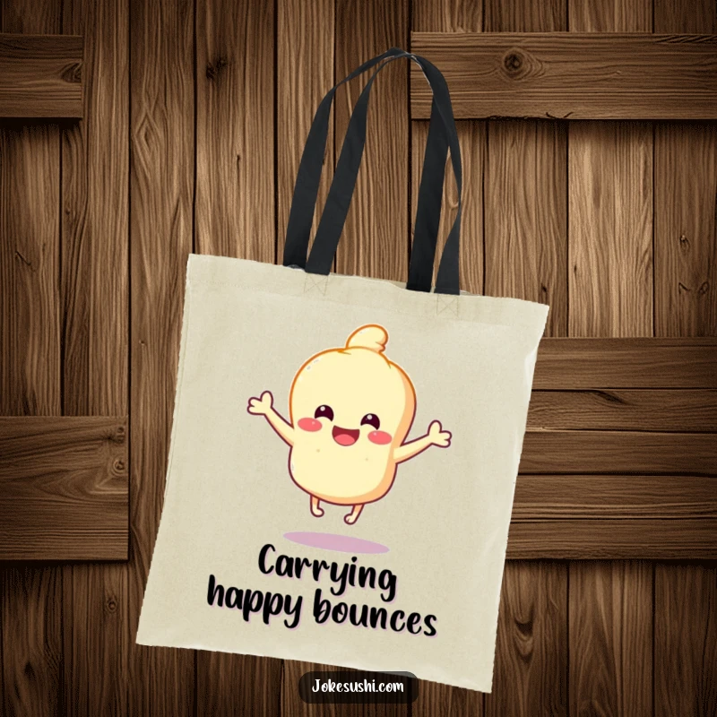 Funny Tempura Tote Bag: Happy tempura character bouncing with joy on tiny legs, perfect for shopping and carrying funny delights.