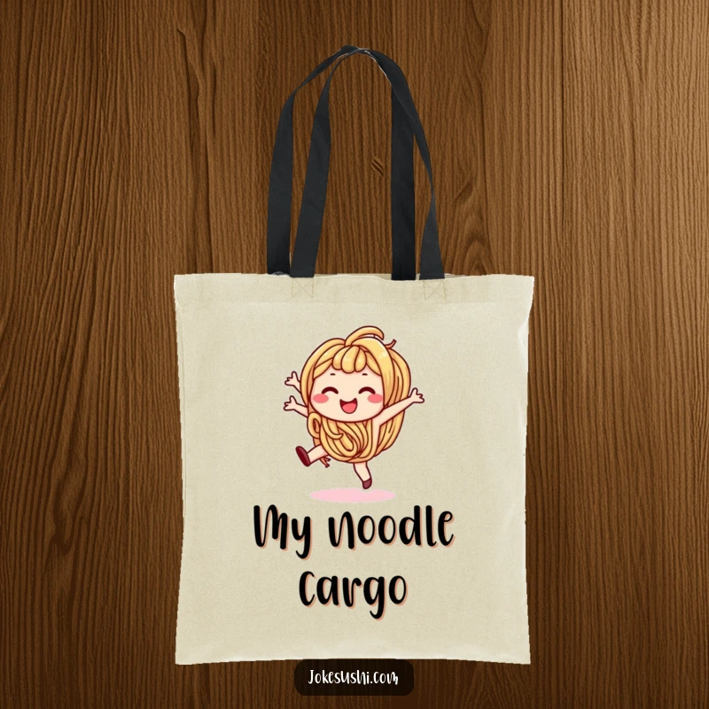 Funny tote bag featuring a smiling udon noodle character doing a cartwheel, perfect for carrying essentials with foodie fun.