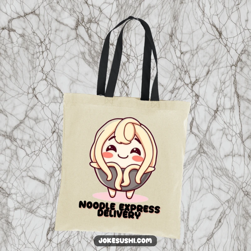 Funny tote bag displaying a delighted udon noodle character wiggling uncontrollably with glee, perfect for carrying essentials with a smile.