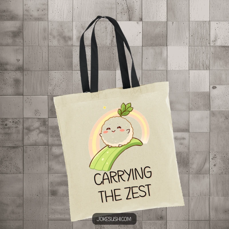 Funny tote bag with a happy rice ball character sliding down a spicy wasabi rainbow, perfect for carrying items with flair.