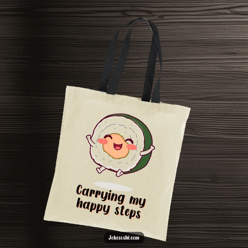 Funny sushi roll tote bag, a character with legs jumping enthusiastically, perfect for carrying essentials with humor.