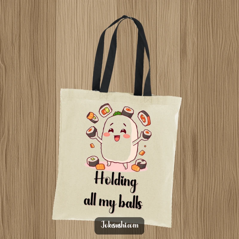 Funny tote bag featuring a cheerful onigiri character juggling sushi, perfect for carrying groceries and spreading a love for Japanese food.