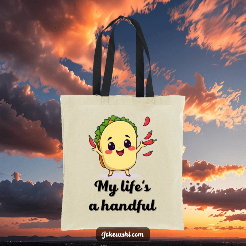 Funny Tote Bag: A smiling taco juggles tiny chili peppers with delight, a fun and practical funny gift.