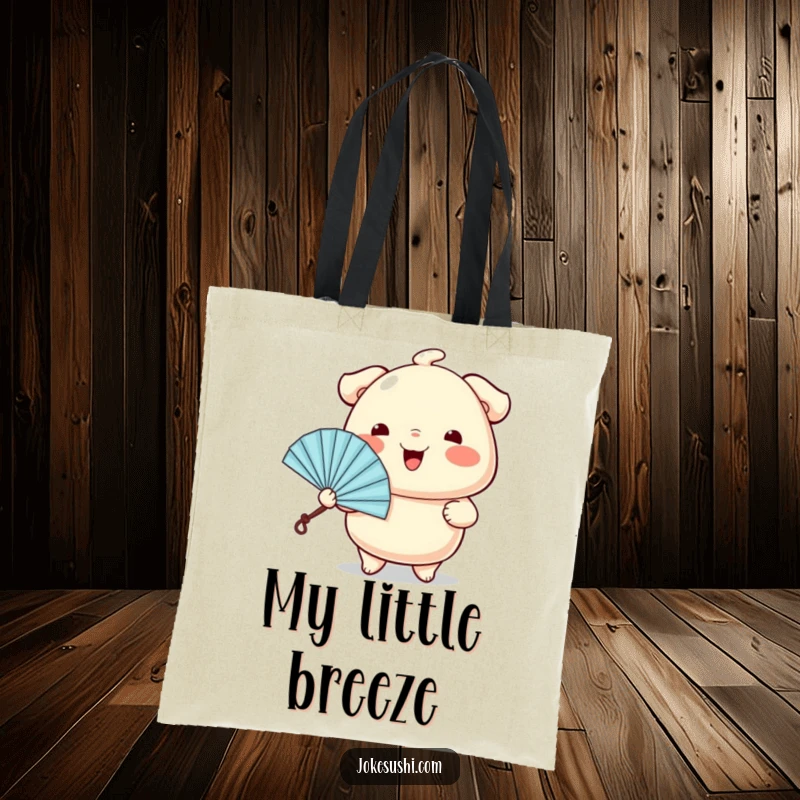 Funny tote bag featuring a wiggling dumpling character cheerfully offering a tiny fan, perfect for carrying essentials with cute flair.