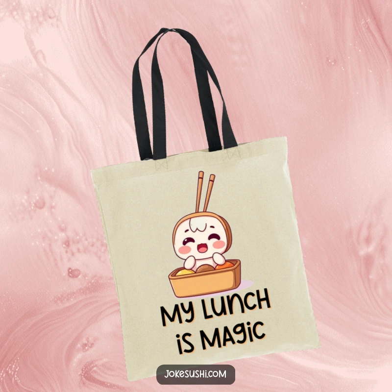 Funny tote bag showing a surprised bento box character with chopsticks sticking out, perfect for carrying essentials with a touch of comical surprise.