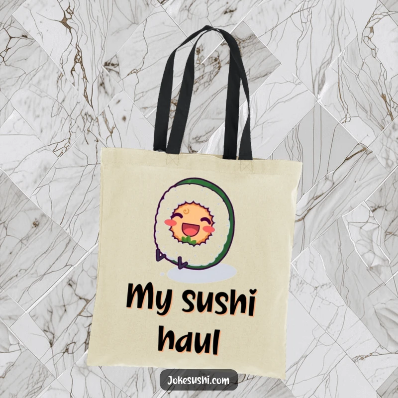 Funny tote bag with a smiling sushi roll character with tiny legs rolling downhill, a humorous accessory for sushi lovers.