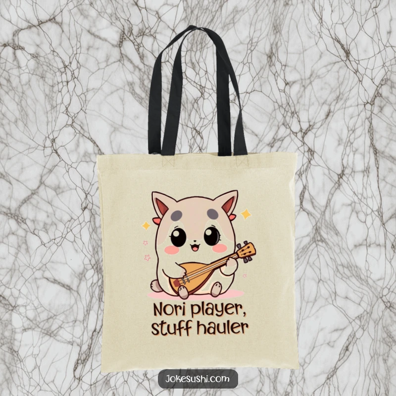 Funny nori seaweed tote bag with a big-eyed character enthusiastically playing a shamisen, a stylish and humorous accessory.