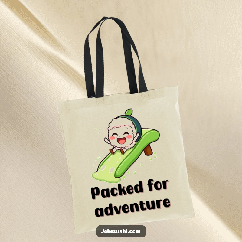 Funny Tote Bag featuring a sushi character gleefully sliding down a green tea slide, ideal for carrying essentials.